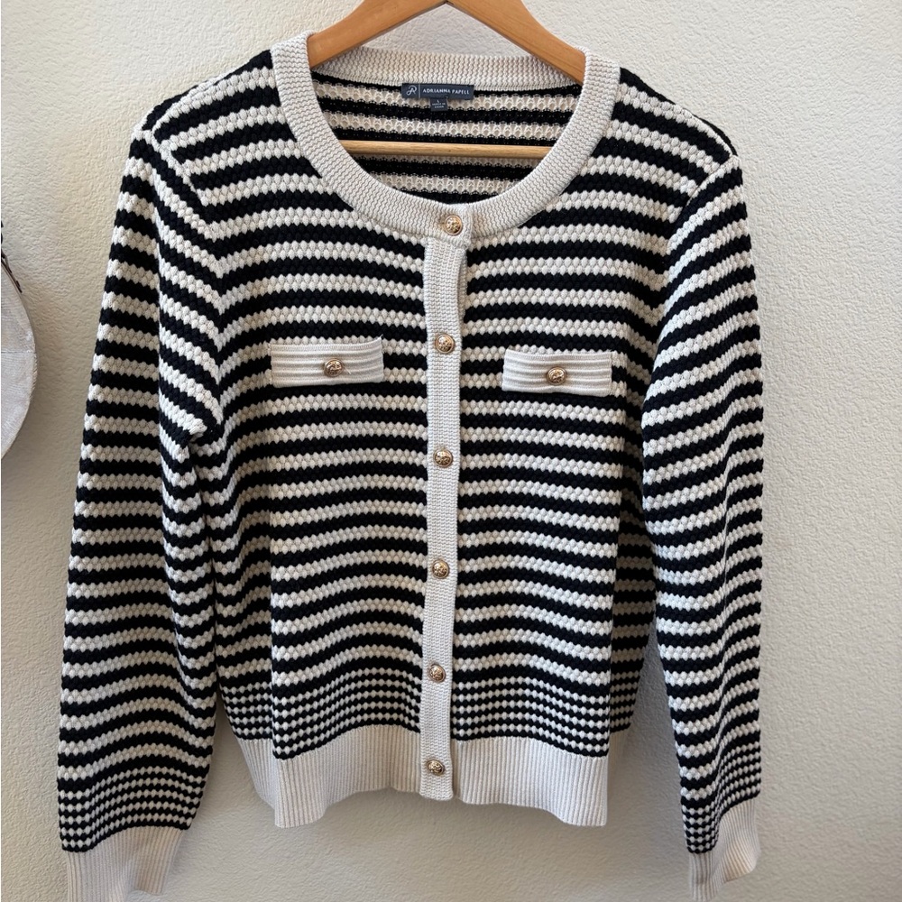 Adrianna Papell Black & White Striped Knit Cardigan with Gold Buttons